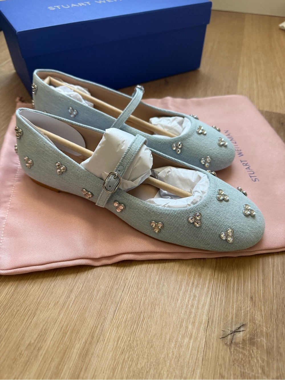 Stuart Weitzman Light Blue Embellished Mary Jane Flats
